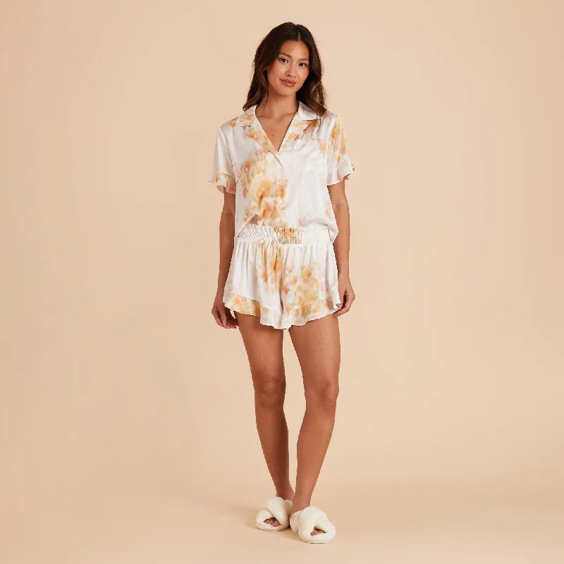 Esther Ruffled Short Sleeve Pajama Set - White Blurred Floral