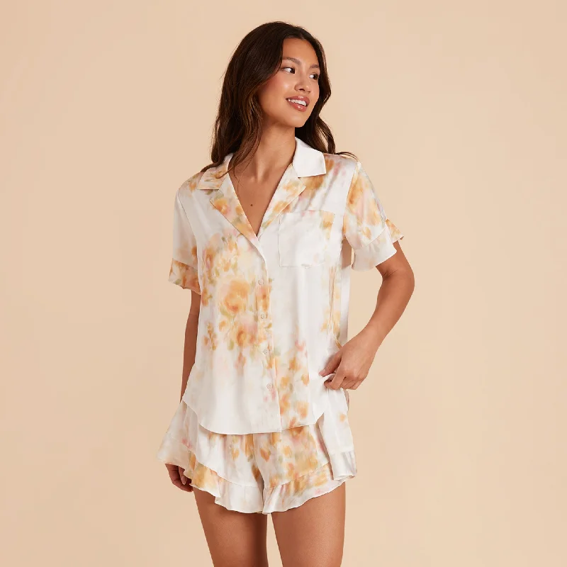 Esther Ruffled Short Sleeve Pajama Set - White Blurred Floral