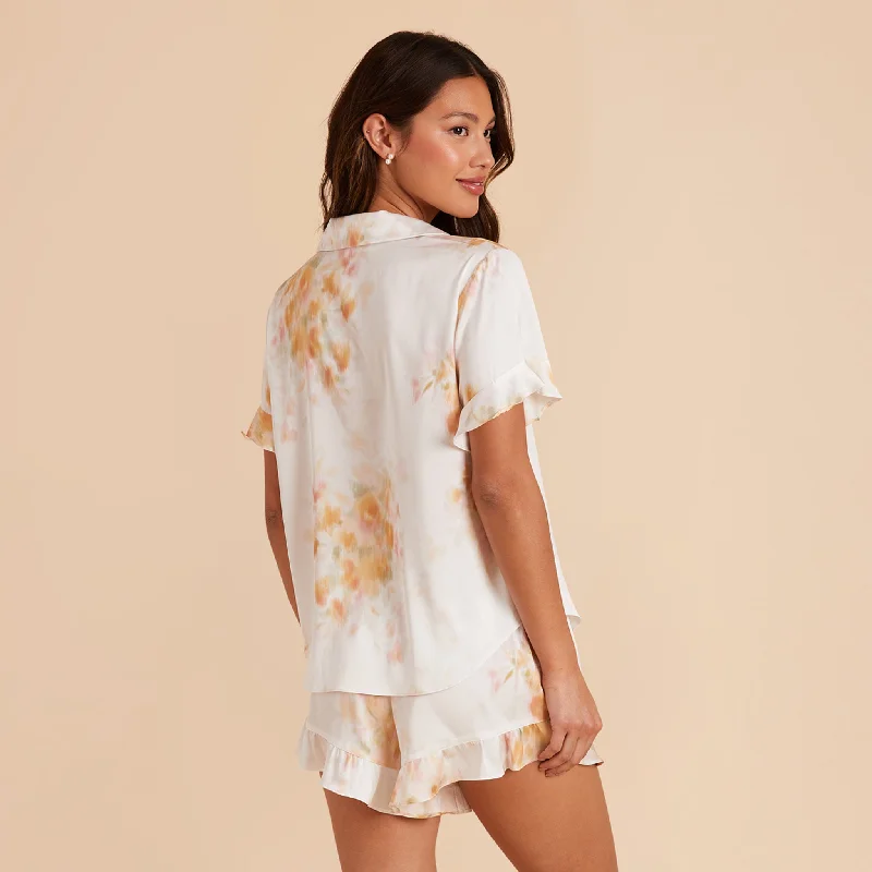 Esther Ruffled Short Sleeve Pajama Set - White Blurred Floral