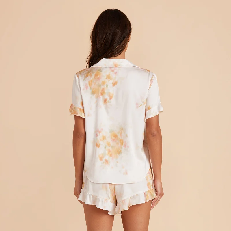 Esther Ruffled Short Sleeve Pajama Set - White Blurred Floral