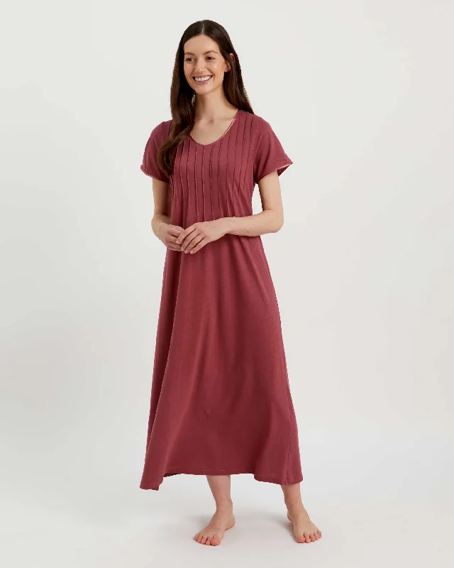 Women's French Pleat Short Sleeve Jersey Nightdress - Berry