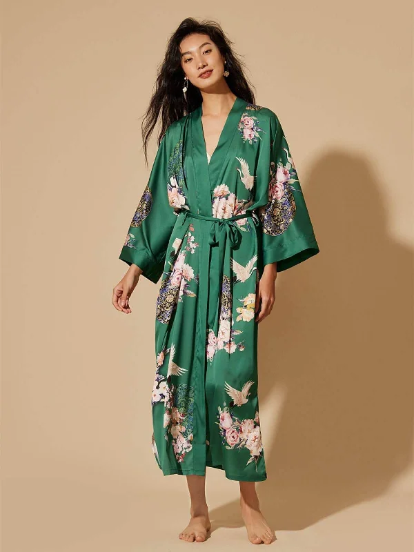 Garden Crane Green Kimono Robe