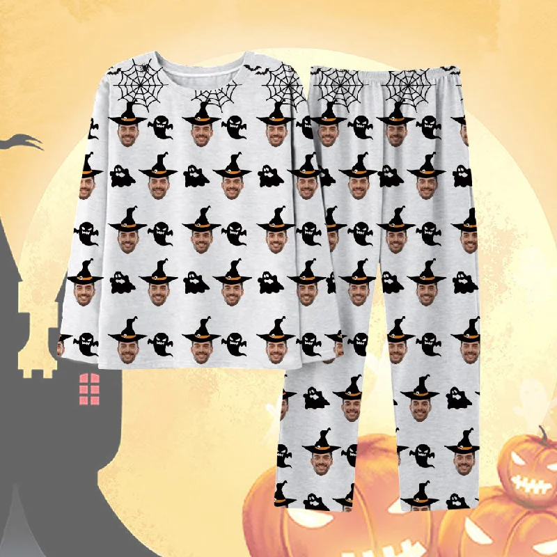 Halloween Custom Long Sleeve Pants White Pajama Set Men Women