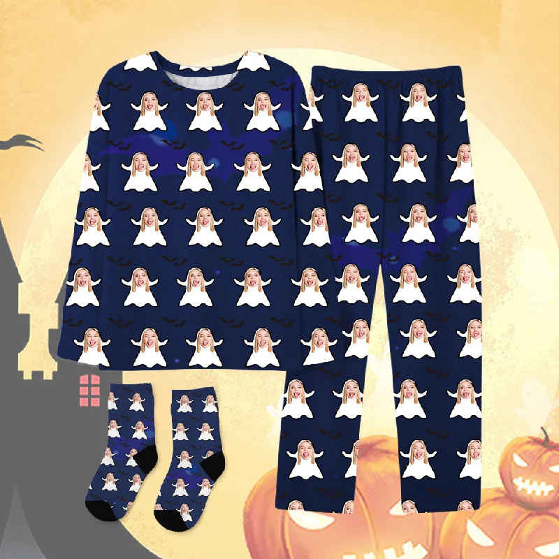 Halloween Customized Blue Pajamas & Socks Set Fun Ghost Pattern