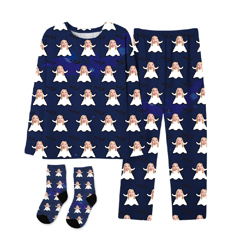 Halloween Customized Blue Pajamas & Socks Set Fun Ghost Pattern