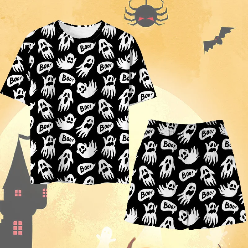 Halloween Spooky Printed Short Sleeve Shorts Pajama Set