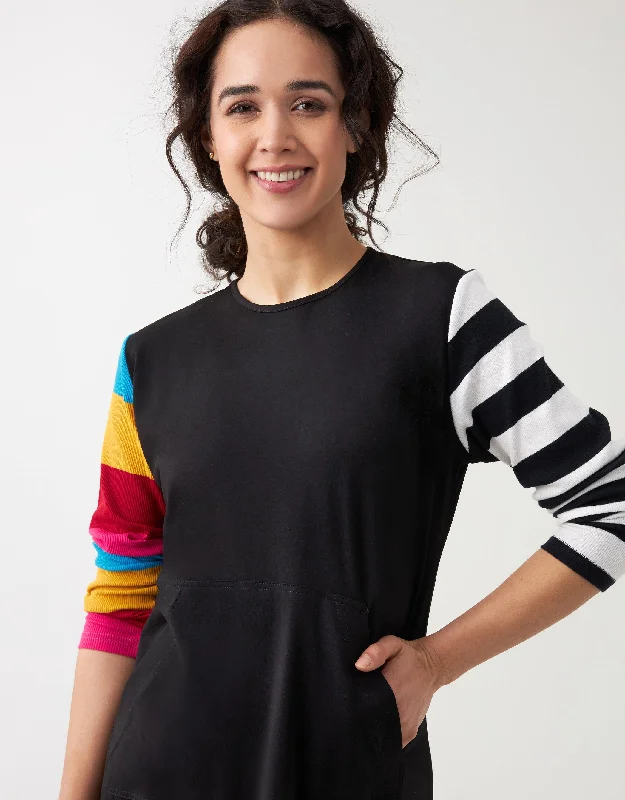 Kanga Pocket Nightgown with Ribbed Multi Stripe Sleeves Black Brights