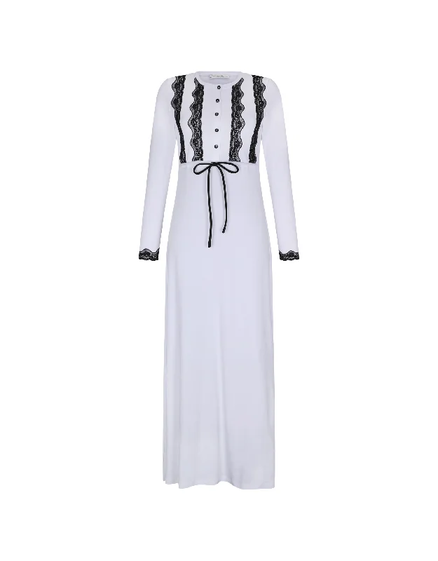 Lace Trimmed Button Nightgown with Drawstring White Black