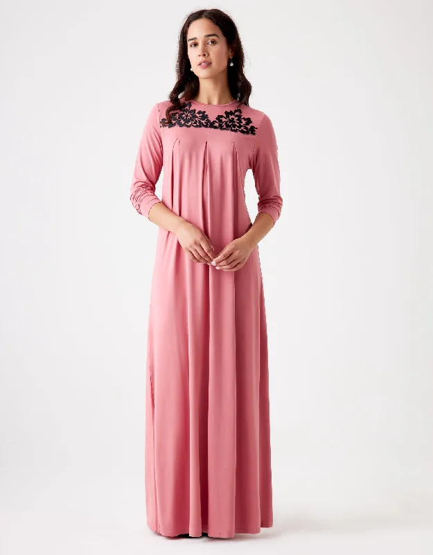 Pull On Lace Trimmed Pleated Nightgown Pink