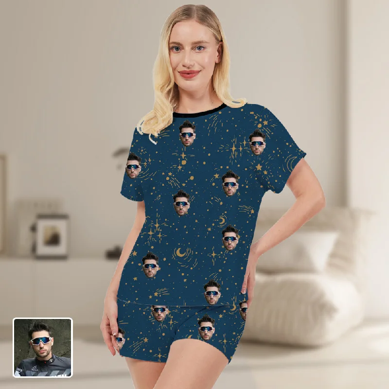 Ladies Custom Short Sleeve Pajama Set Star Moon Print