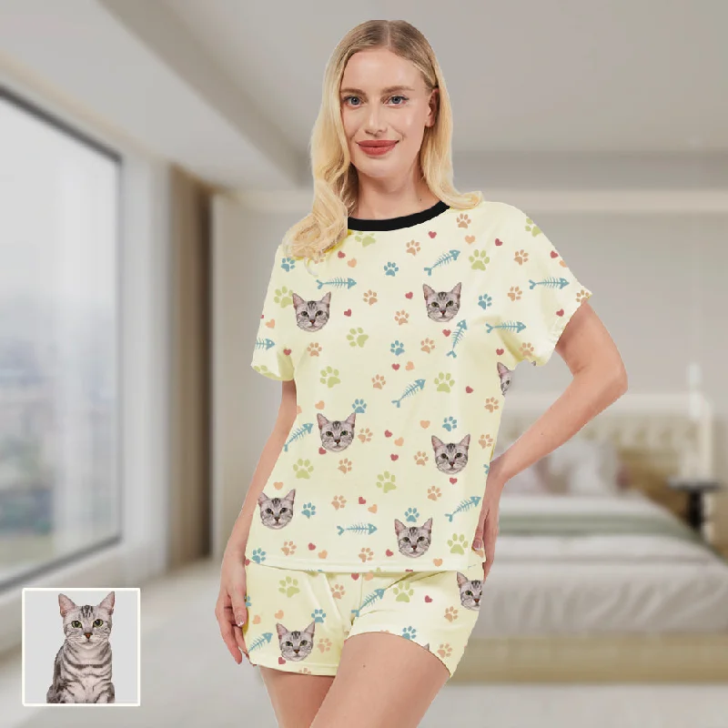 Ladies Yellow Pajamas Set Pet Avatar Customized Fish Bones Paw Prints