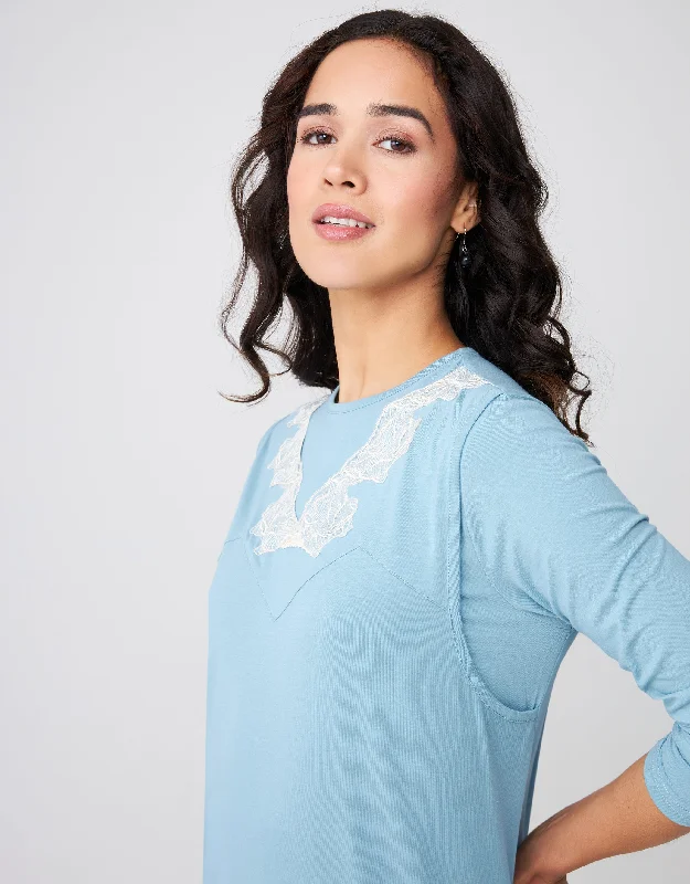 Layered Nursing Nightgown with Vneck Lace Soft Blue