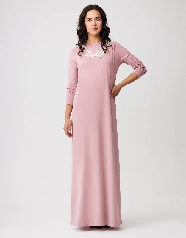 Layered Nursing Nightgown with Vneck Lace Soft Pink