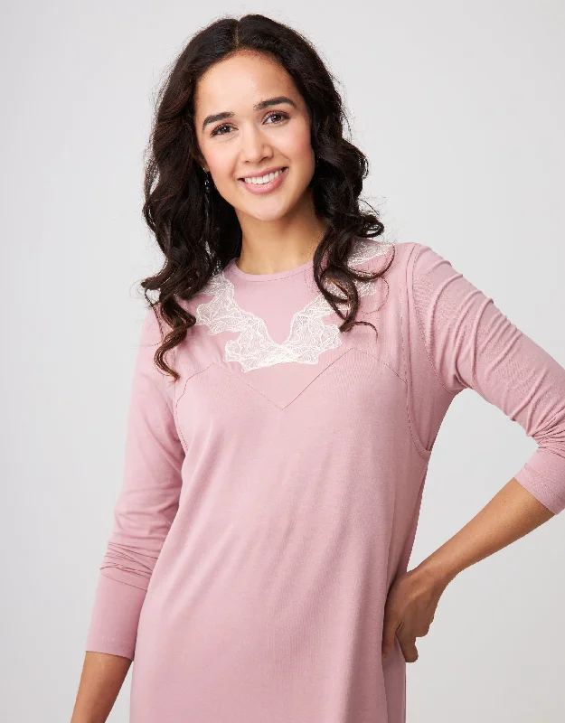 Layered Nursing Nightgown with Vneck Lace Soft Pink