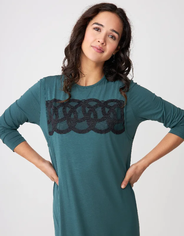 Linked Circles Lace Trimmed Layered Nursing Nightgown Teal