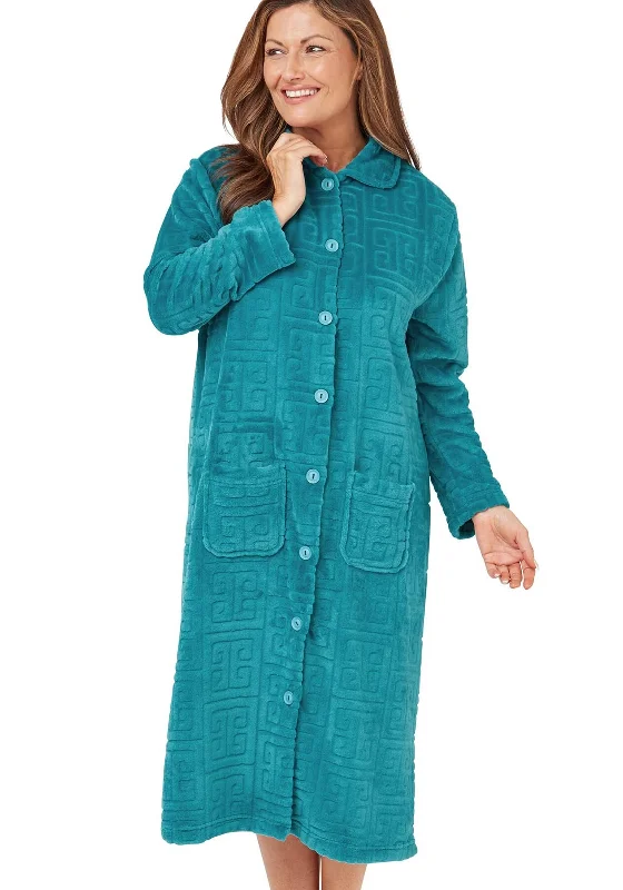 Marlon Greek Embossed Fleece Button Housecoat, Teal