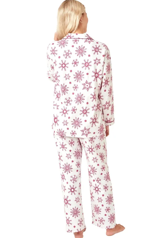 Indigo Sky Snowflake Brushed Cotton Pyjama Set, Rose Wine