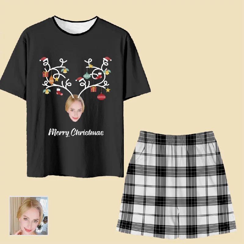 Merry Christmas Antler Print Custom Pajamas Short Sleeve Top & Plaid Shorts