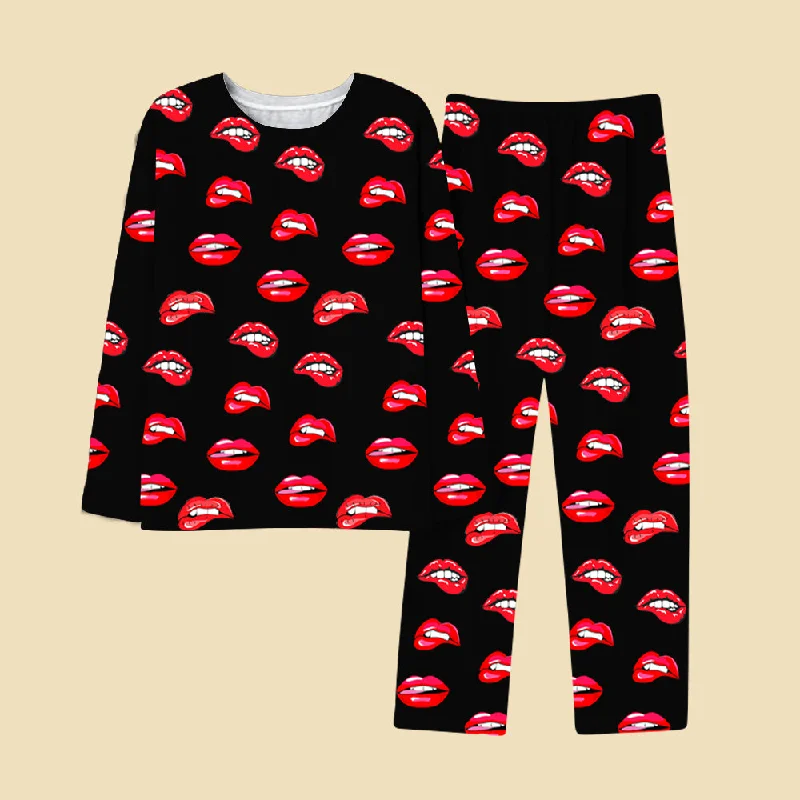 Pajamas Long Sleeves & Trousers Sexy Red Lip Print