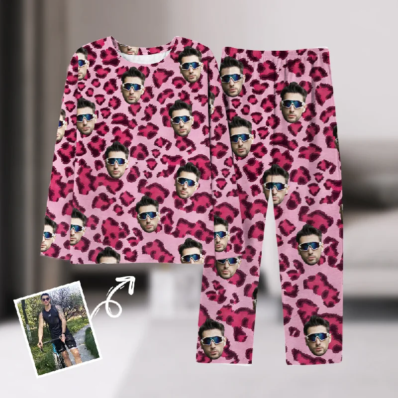 4FunGift® Pink Leopard Print Long-Sleeve Pajamas Set Upload Photo to Customize