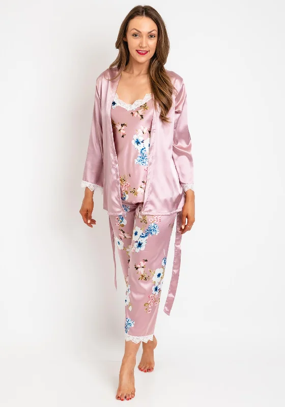 The Serafina Collection Floral Satin 4 Piece Nightwear Set, Blush