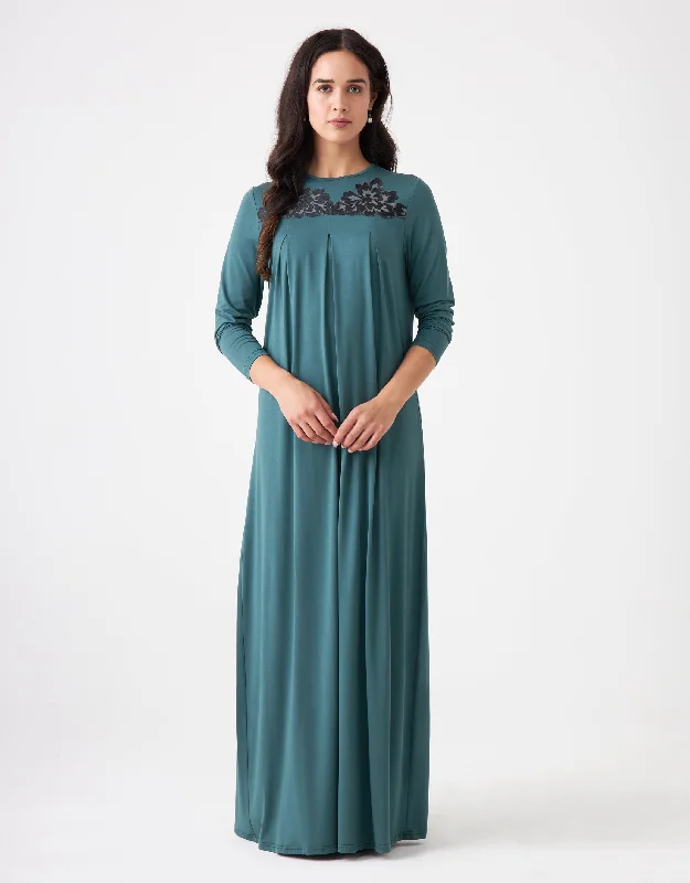 Pull On Lace Trimmed Pleated Nightgown Teal Green