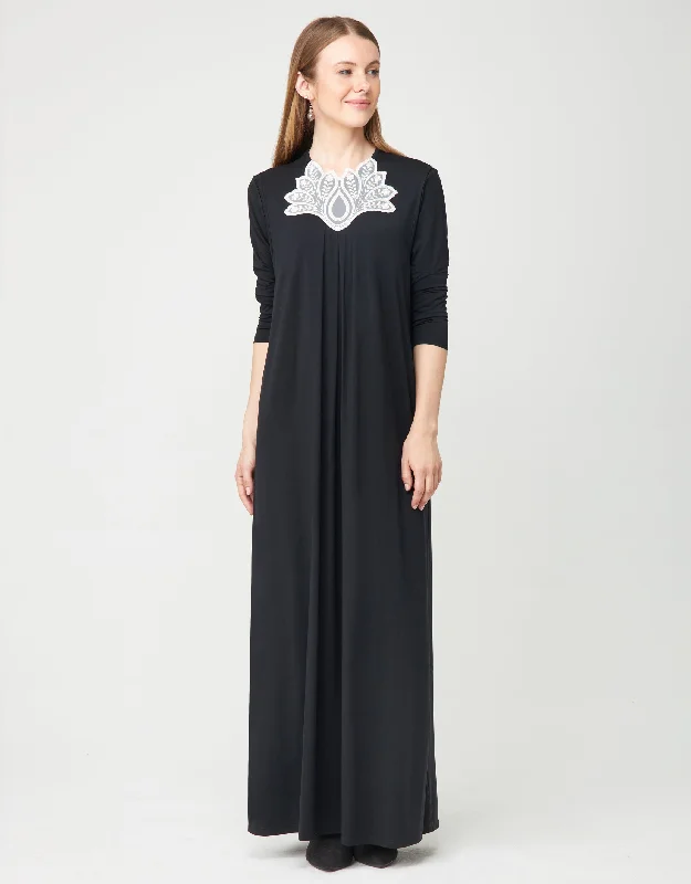 Pull On Layered Nursing Nightgown with Contrast Lotus Lace Trim Black