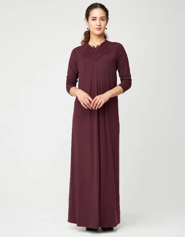 Pull On Layered Nursing Nightgown with Lotus Lace Trim Plum