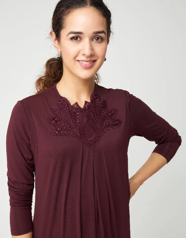 Pull On Layered Nursing Nightgown with Lotus Lace Trim Plum