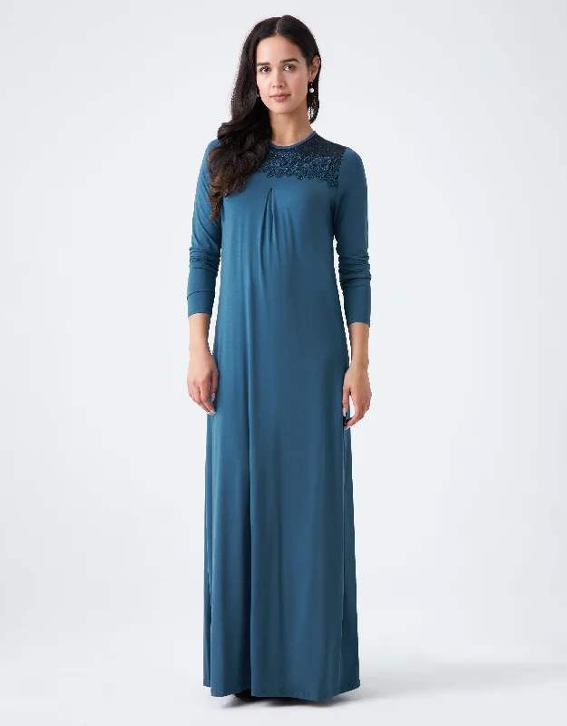 Pull On Nightgown with Sparkly Lace Teal Blue