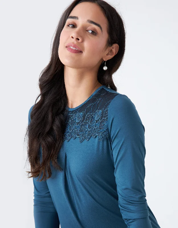 Pull On Nightgown with Sparkly Lace Teal Blue