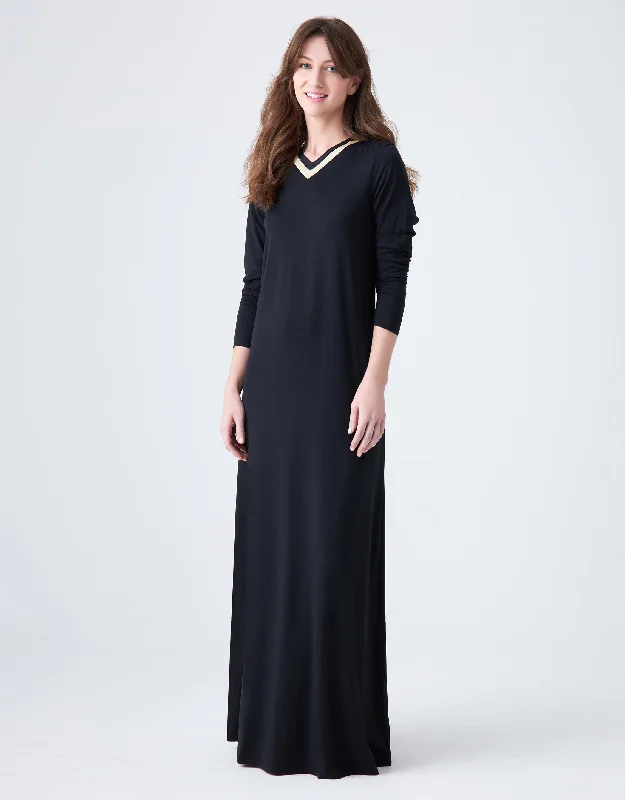 Pull On Nightgown with Satin Trimmed Vneck Black Ivory