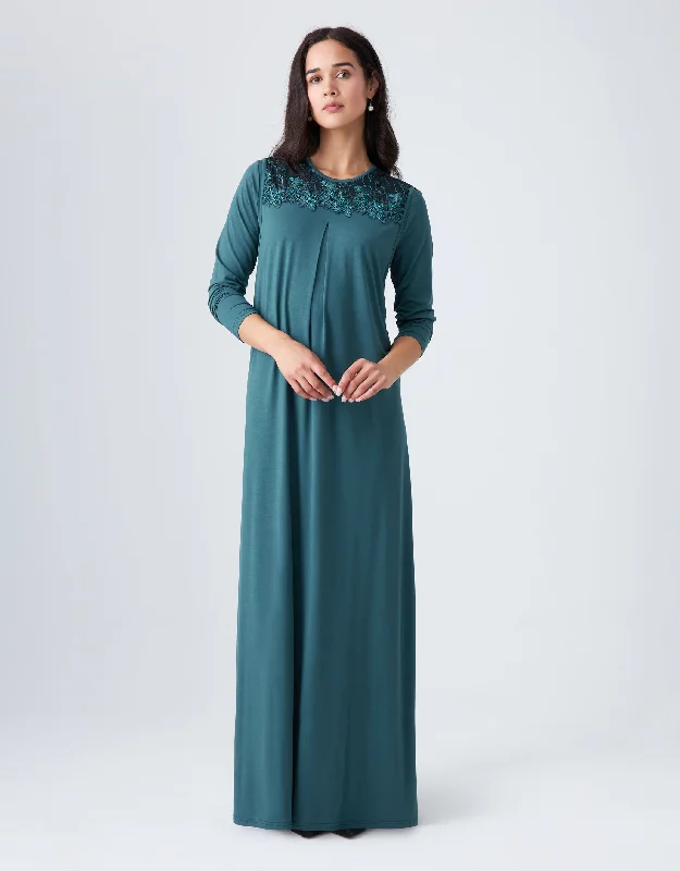 Pull On Layered Nursing Nightgown with Sparkly Lace Teal Green