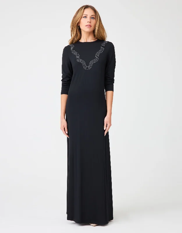 Pull On Nightgown with Stitched Waves Black