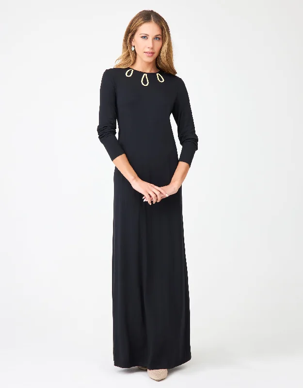 Pull On Nightgown with Tipped Keyhole Trim Black Gold