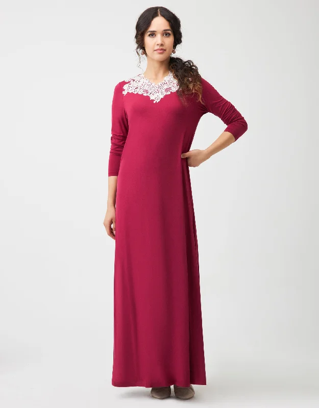 Pull On Nightgown with White Lace Trim Berry