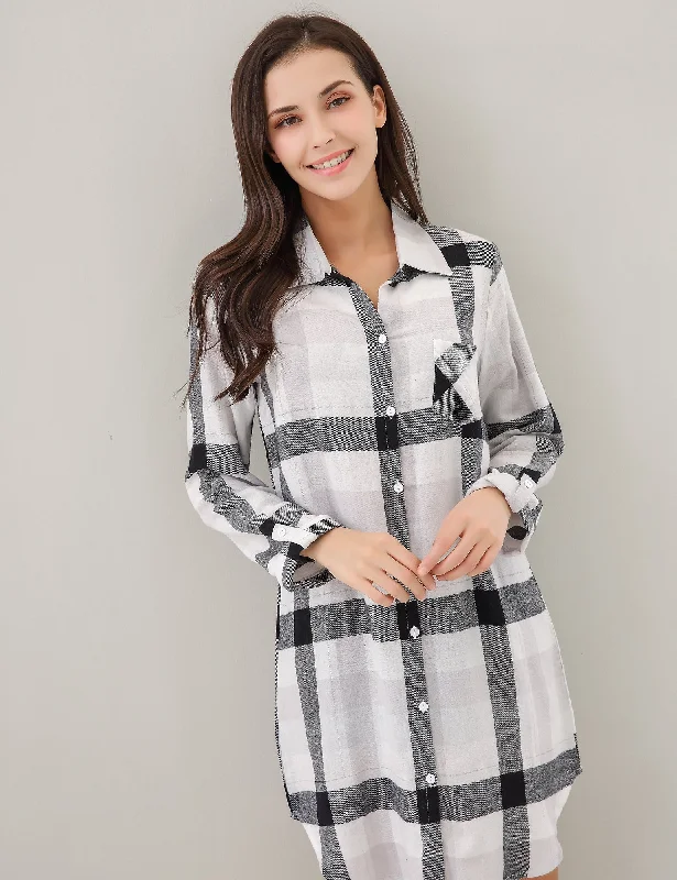 RH Women's Sexy Nightgown Long Sleeve Plaid Cotton Pajama Dress Lounge RHW2870