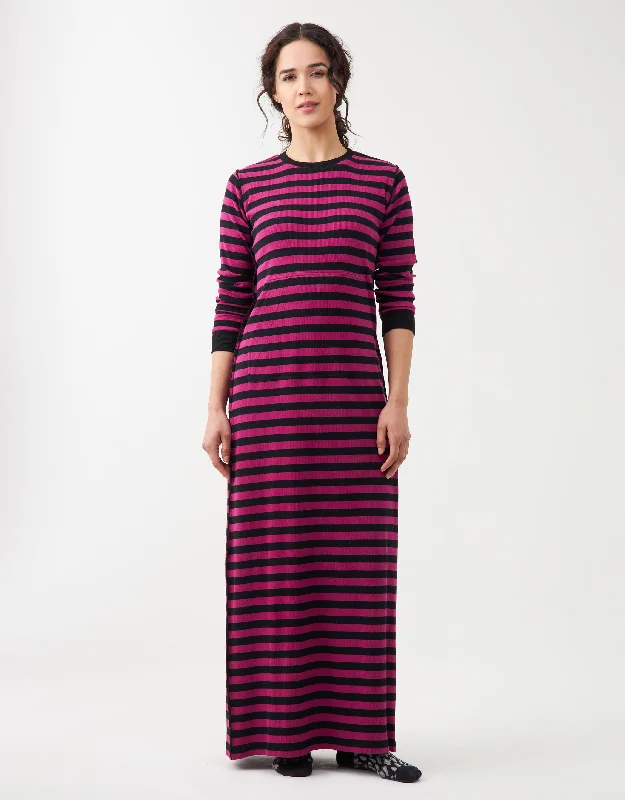 Ribbed Kanga Pocket Striped Nightgown with Exposed Seams Pink