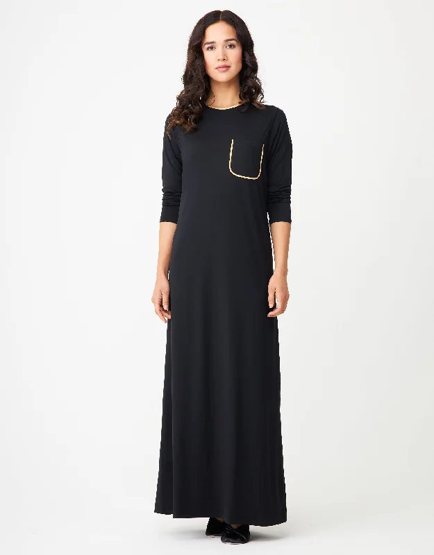 Satin Trimmed Layered Nursing Nightgown with Pocket Black Gold