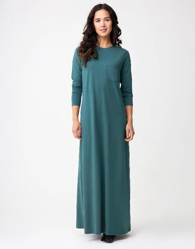 Satin Trimmed Layered Nursing Nightgown with Pocket Teal Green