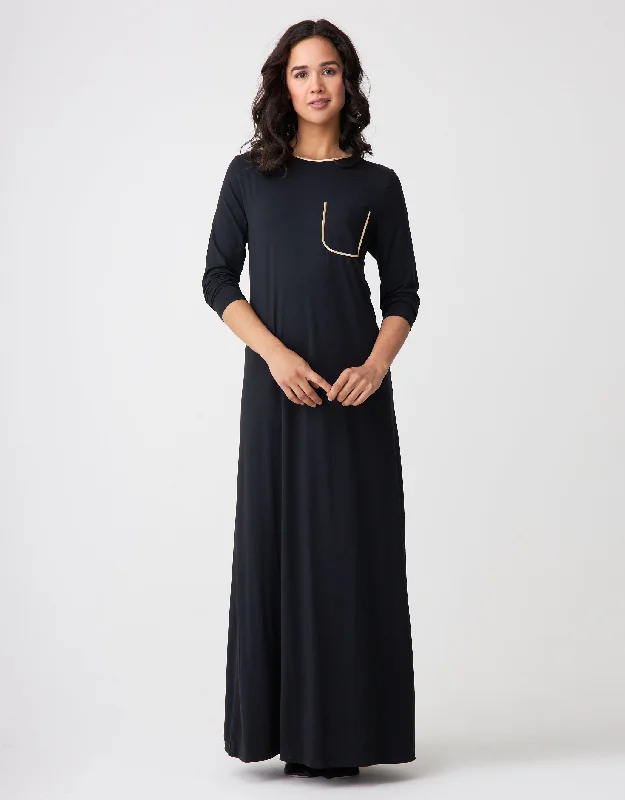 Satin Trimmed Nightgown with Pocket Black Gold