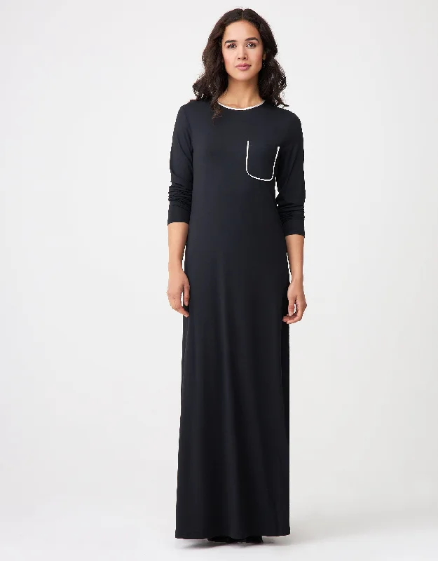 Satin Trimmed Nightgown with Pocket Black Ivory