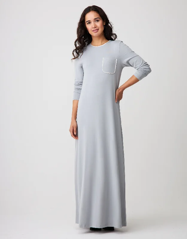 Satin Trimmed Nightgown with Pocket Gray Ivory