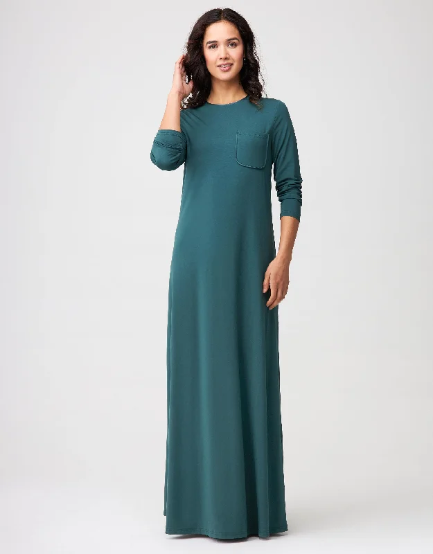 Satin Trimmed Nightgown with Pocket Teal Green