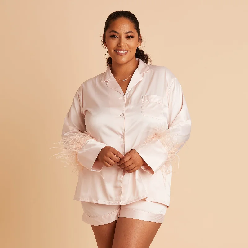 Short Satin Feathered Pajama Set - Blush