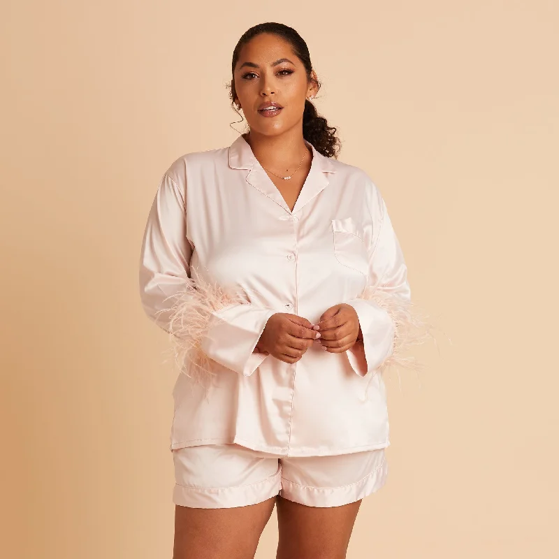 Short Satin Feathered Pajama Set - Blush