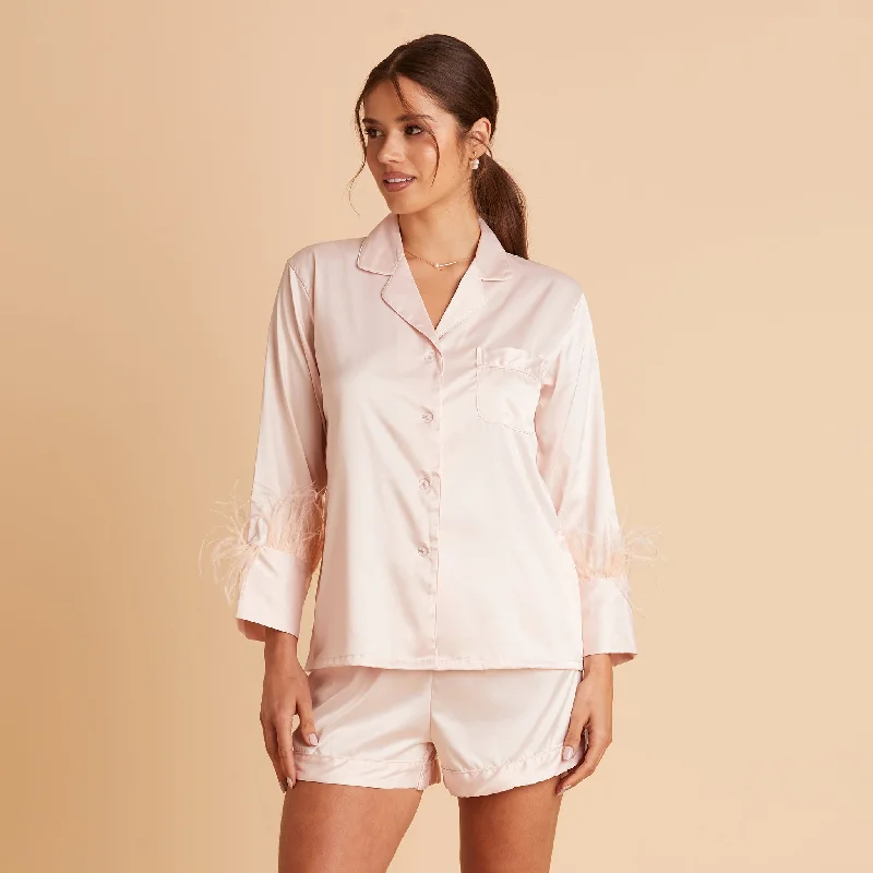 Short Satin Feathered Pajama Set - Blush