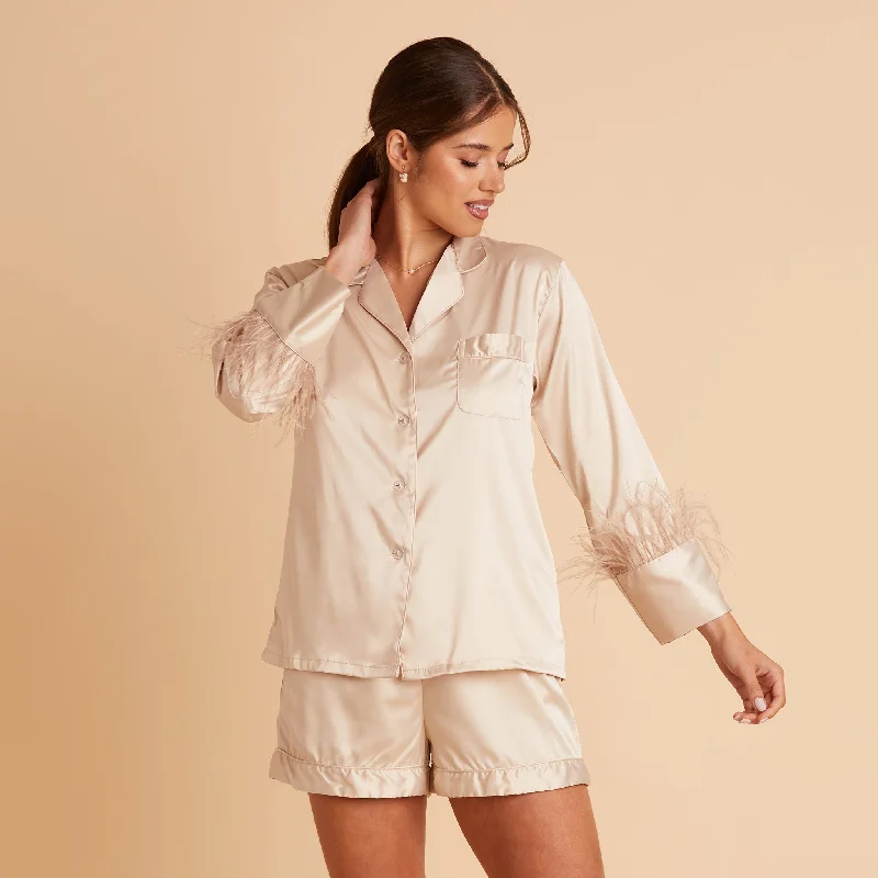 Short Satin Feathered Pajama Set - Champagne