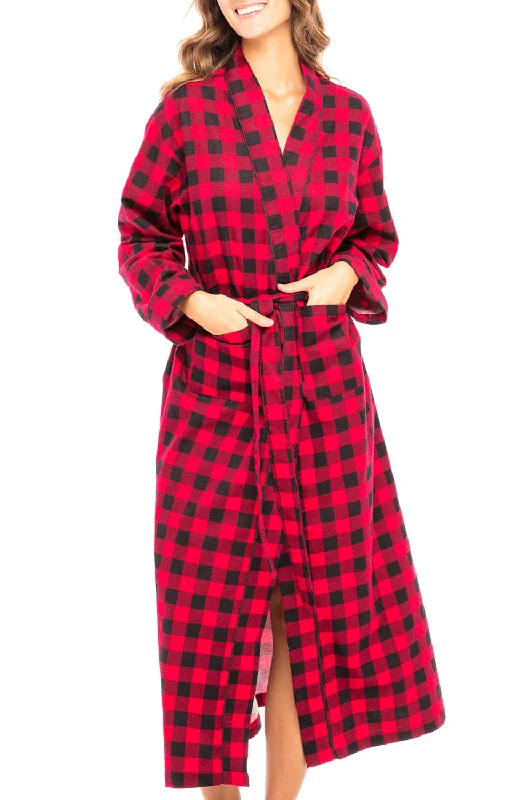 Women's Classic Cotton Flannel Robe with Pockets, Long Bathrobe