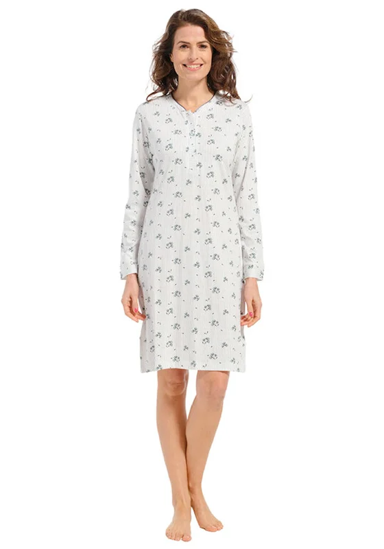 Pastunette Floral Stripe Long Sleeve Nightdress, Light Grey